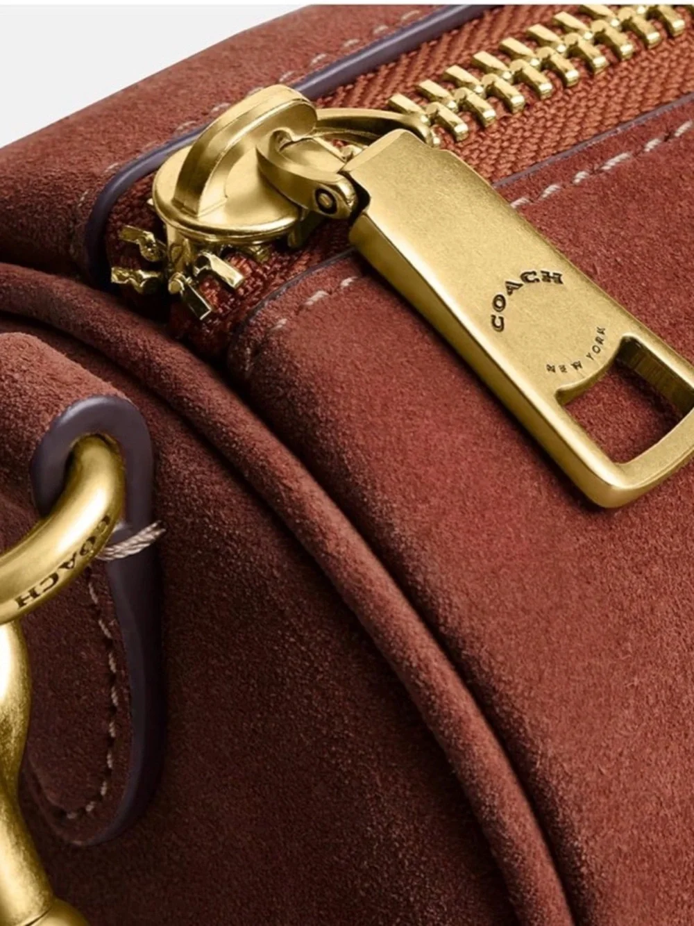 Coach Suede Barrel Shoulder Bag in Rust Brown with Gold Hardware